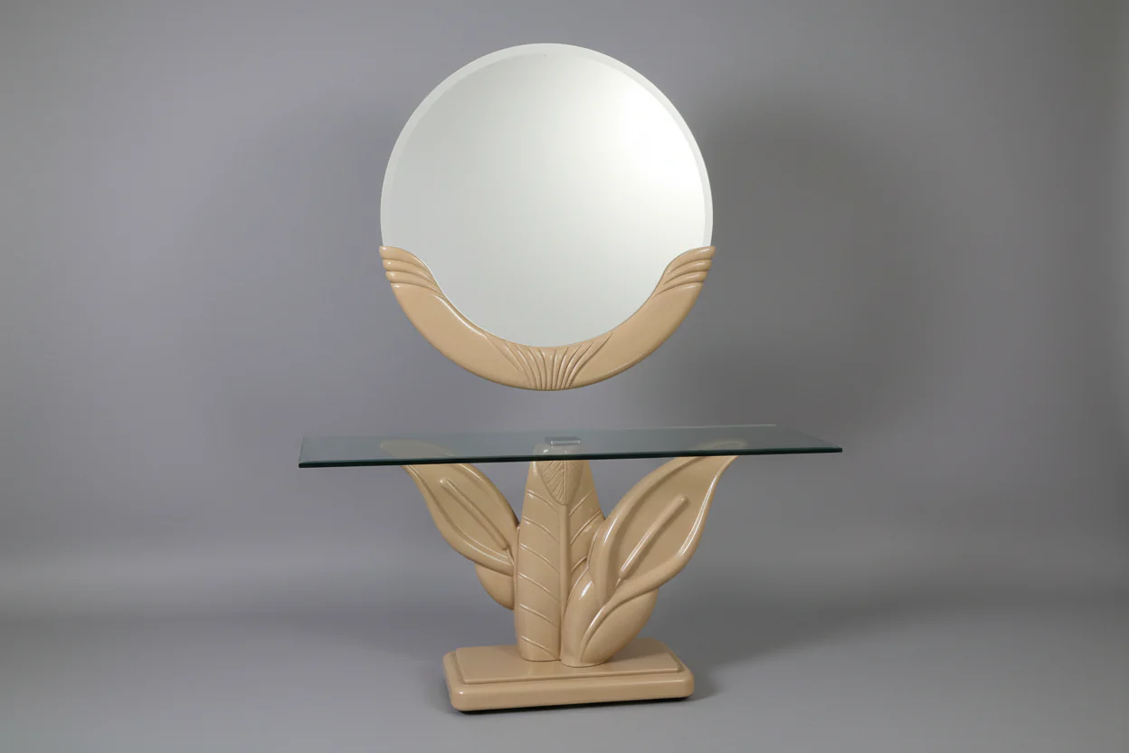 Art Deco Flower Base Glass Top Console With Mirror