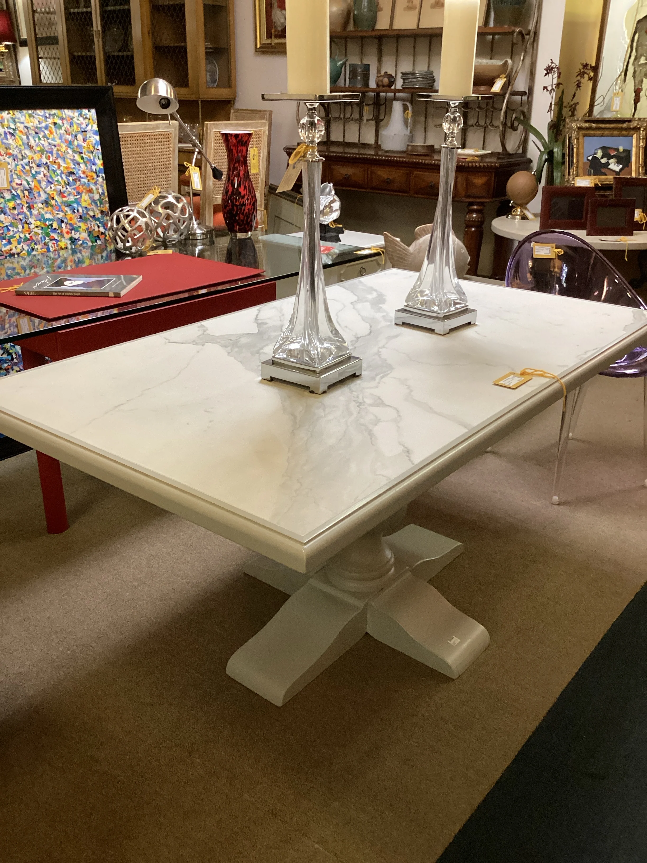 Ballard Grey Pedestal Base Table with Faux Marble Top - Image 2