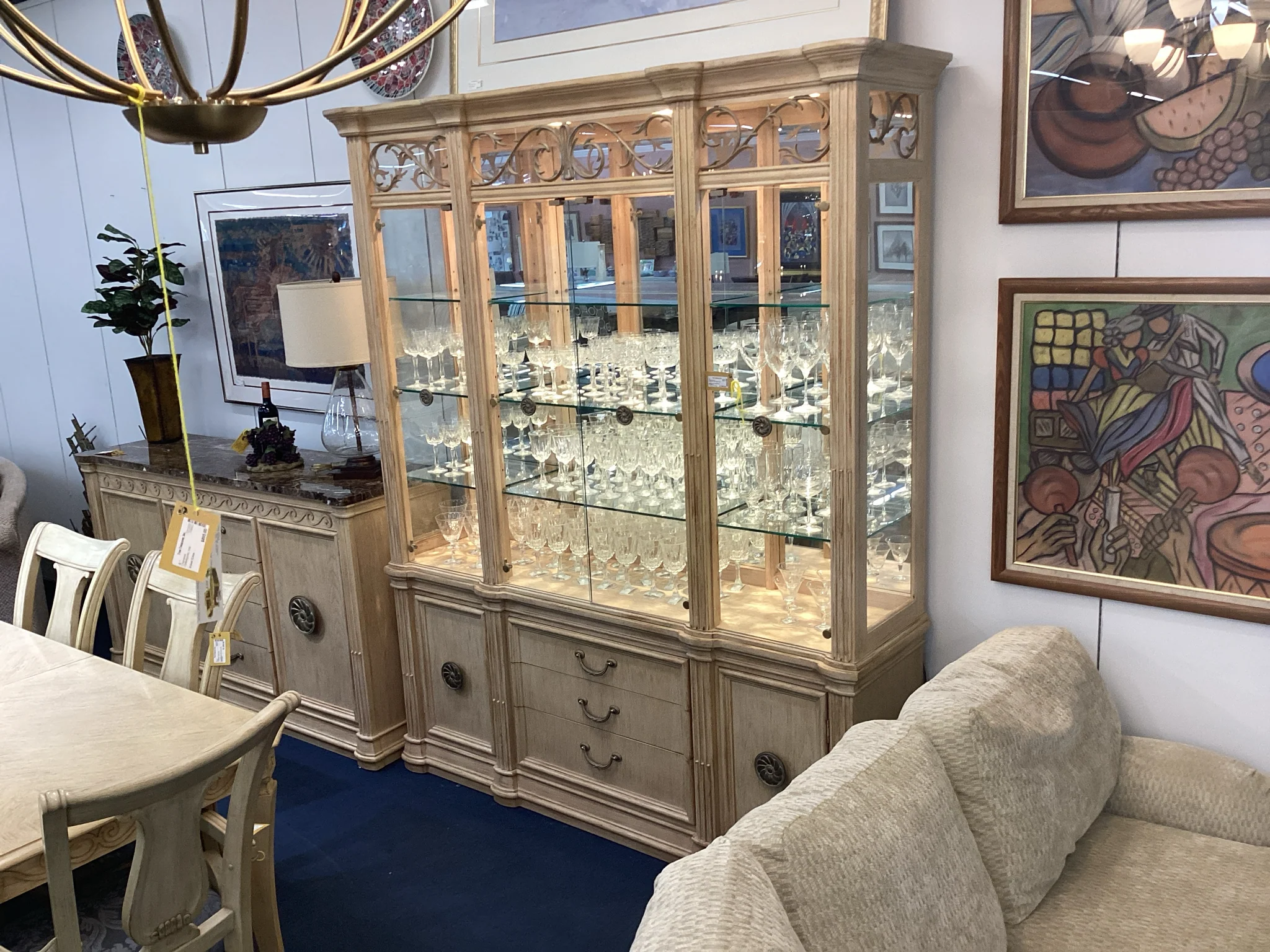 Bernhardt Light Wood China Cabinet With Six Doors And Three Lights - Image 2