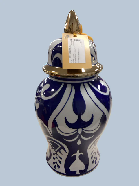 Blue and White Ginger Jar With Gold Accents