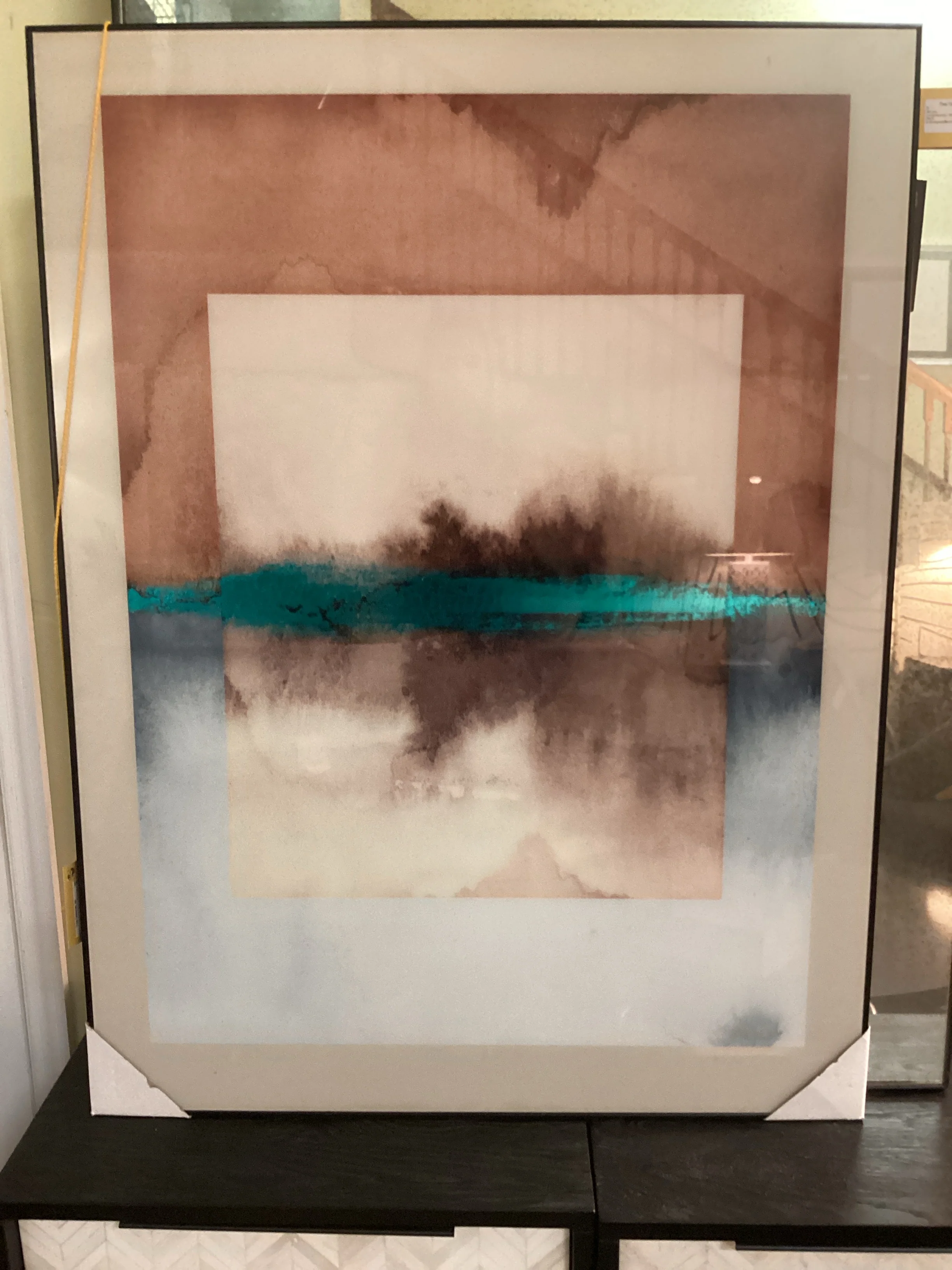 Contemporary Print in Terracotas and Teals Black Frame