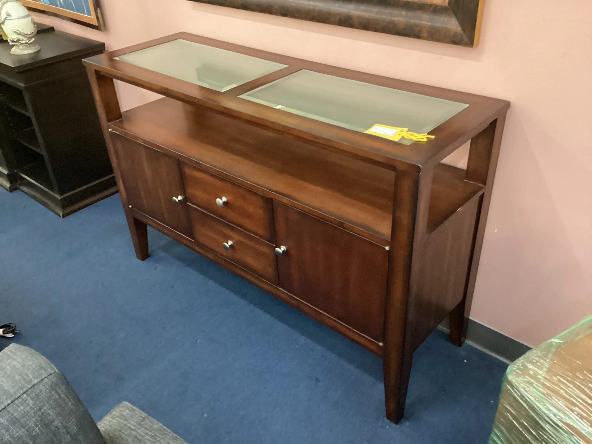 Dark Wood Console With Two Doors Two Drawers And Glass Inserts - Image 2