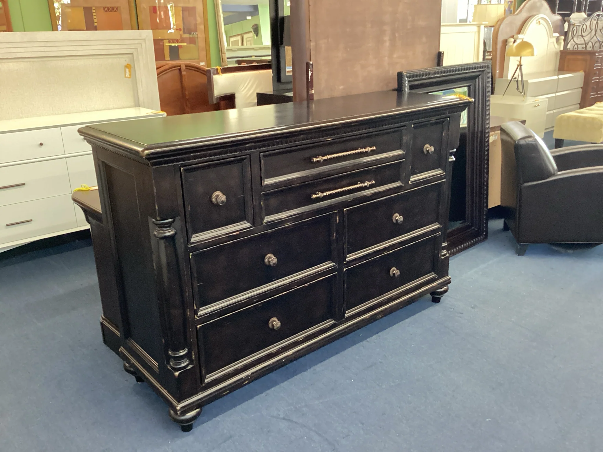 Dark Wood Dresser With Nine Drawers And Mirror - Image 2