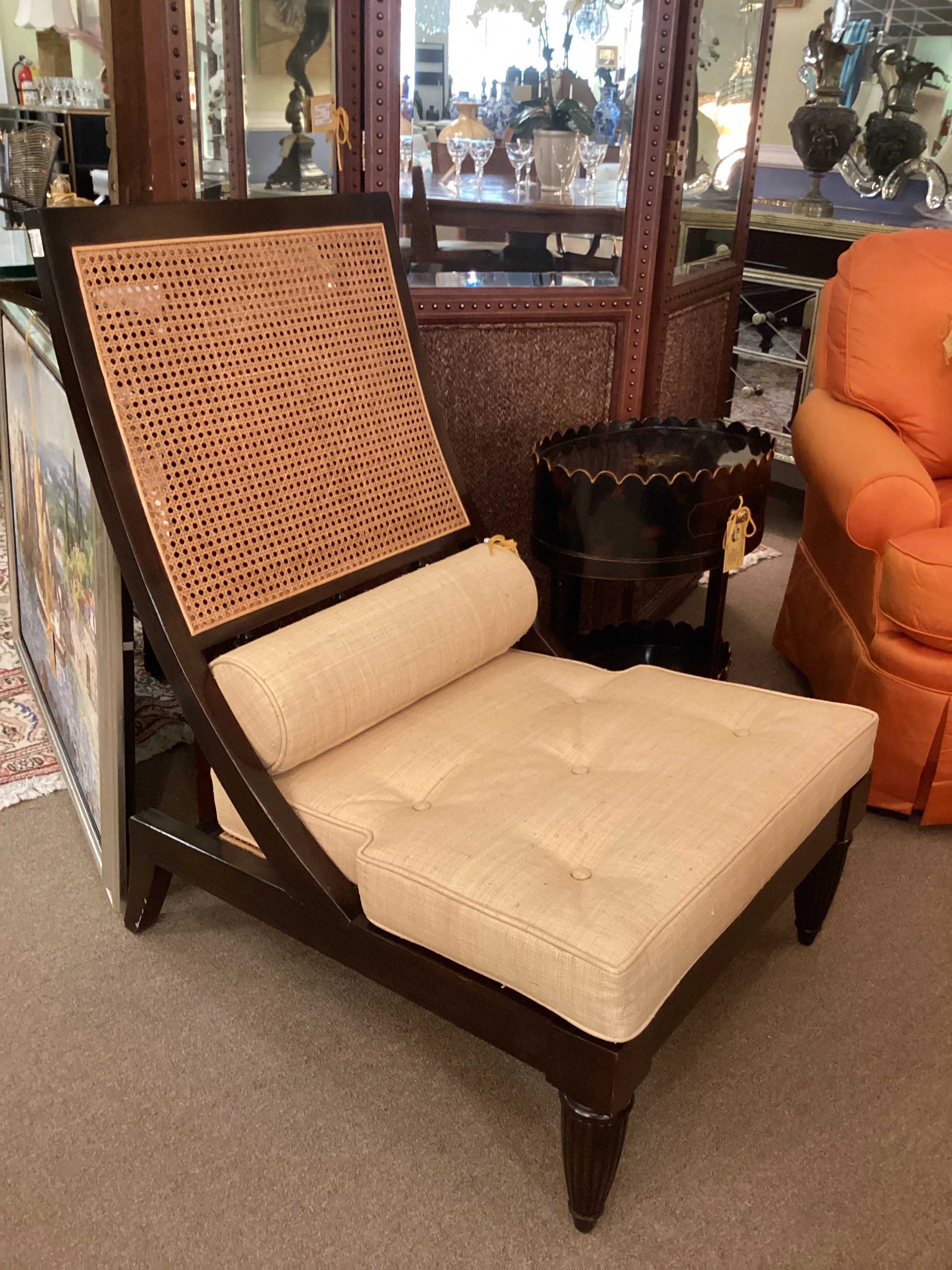 Dark Wood Framed Caned Back Chair with Pillow