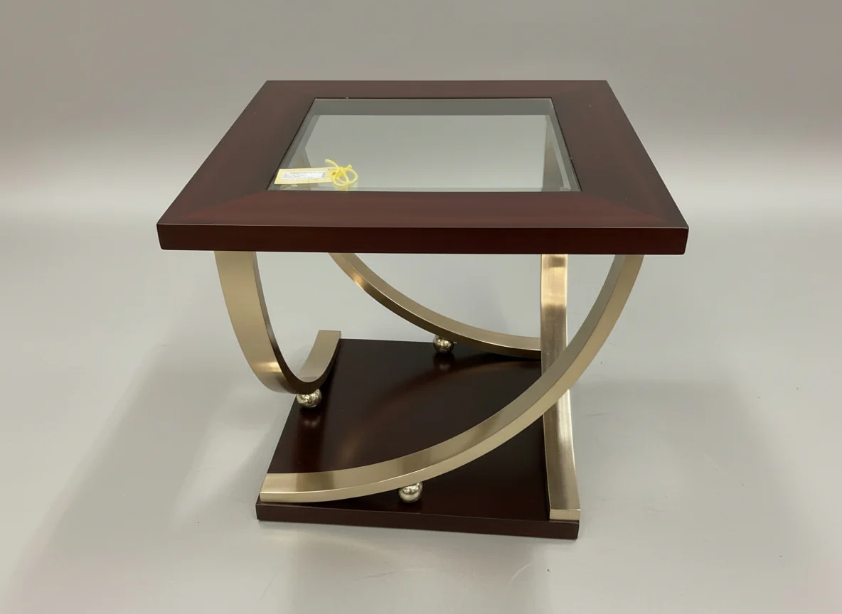 Dark Wood Silver Base End Table With Glass Top