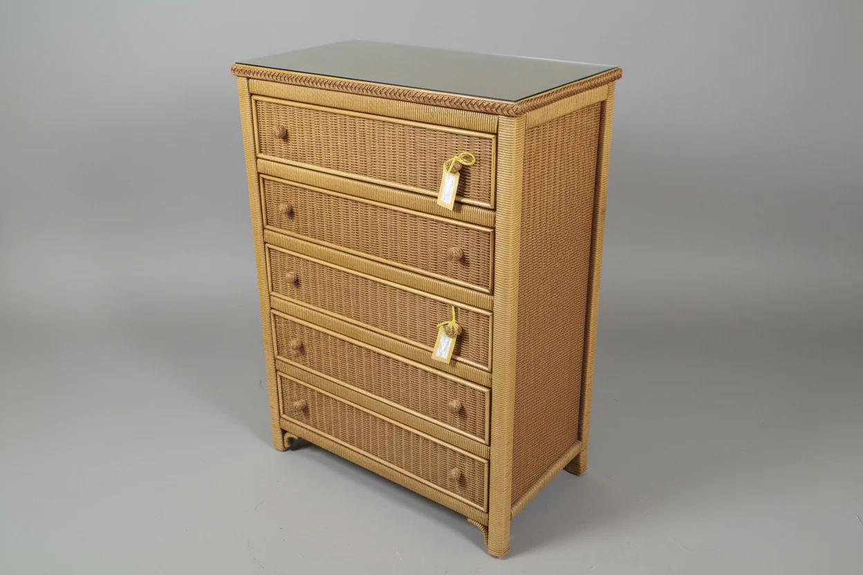 Five Drawer Rattan Highboy Dresser With Glass Top