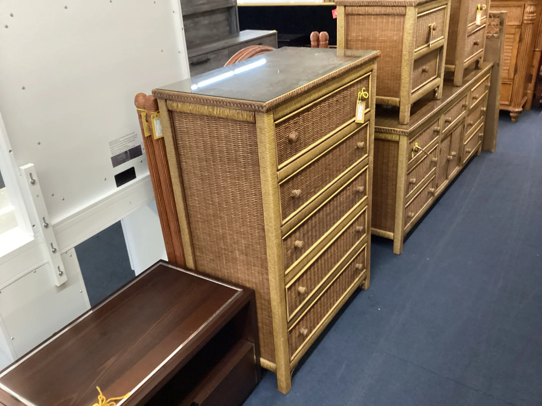 Five Drawer Rattan Highboy Dresser With Glass Top - Image 2