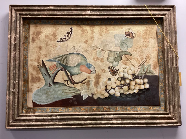 Framed Silk Painting Of Bird Butterflies & Florals