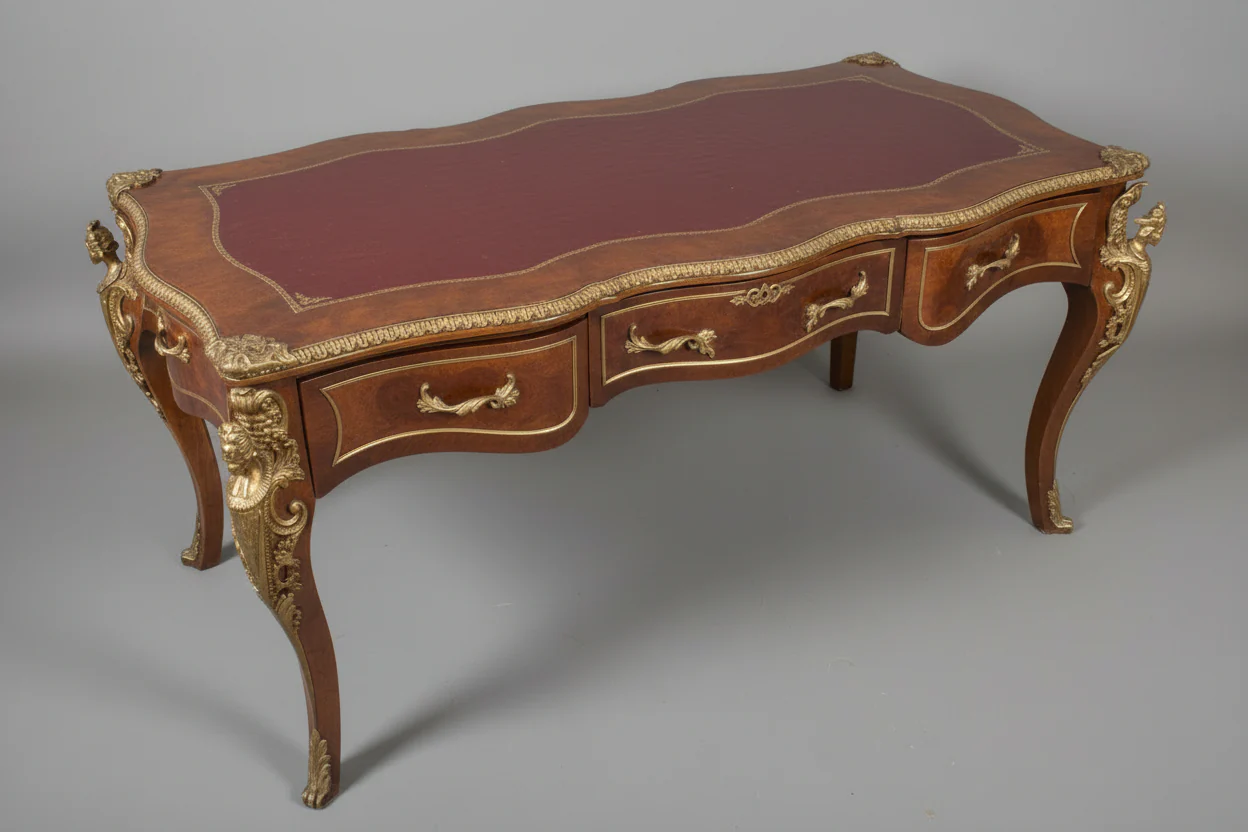 Medium Wood And Gold Desk With Three Drawers