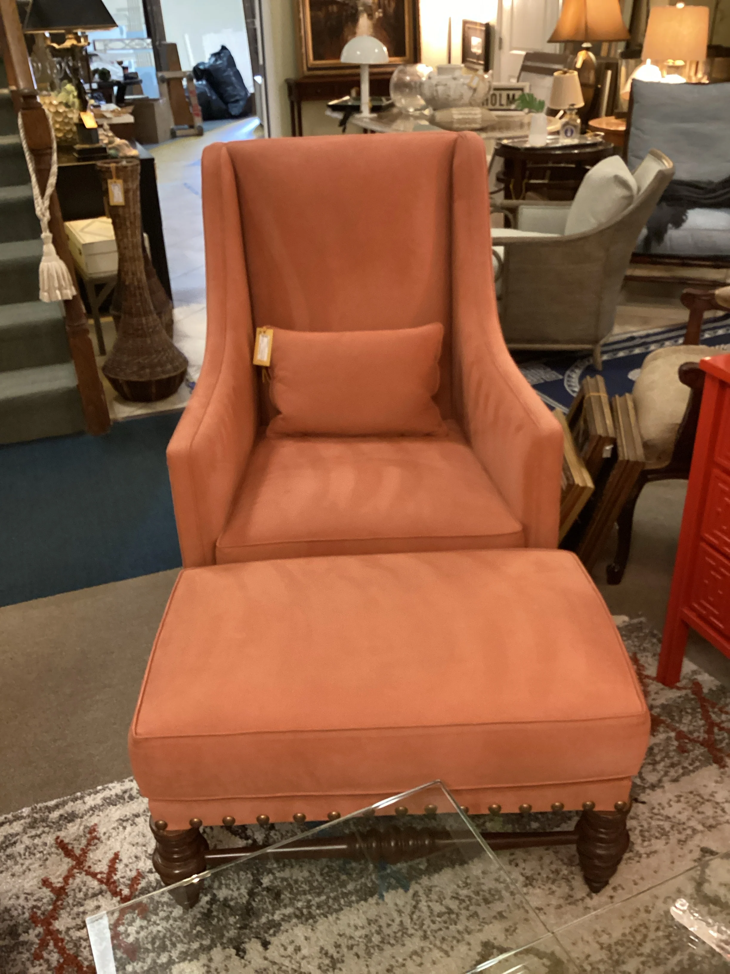 Orange Wood Frame Chair and Ottoman