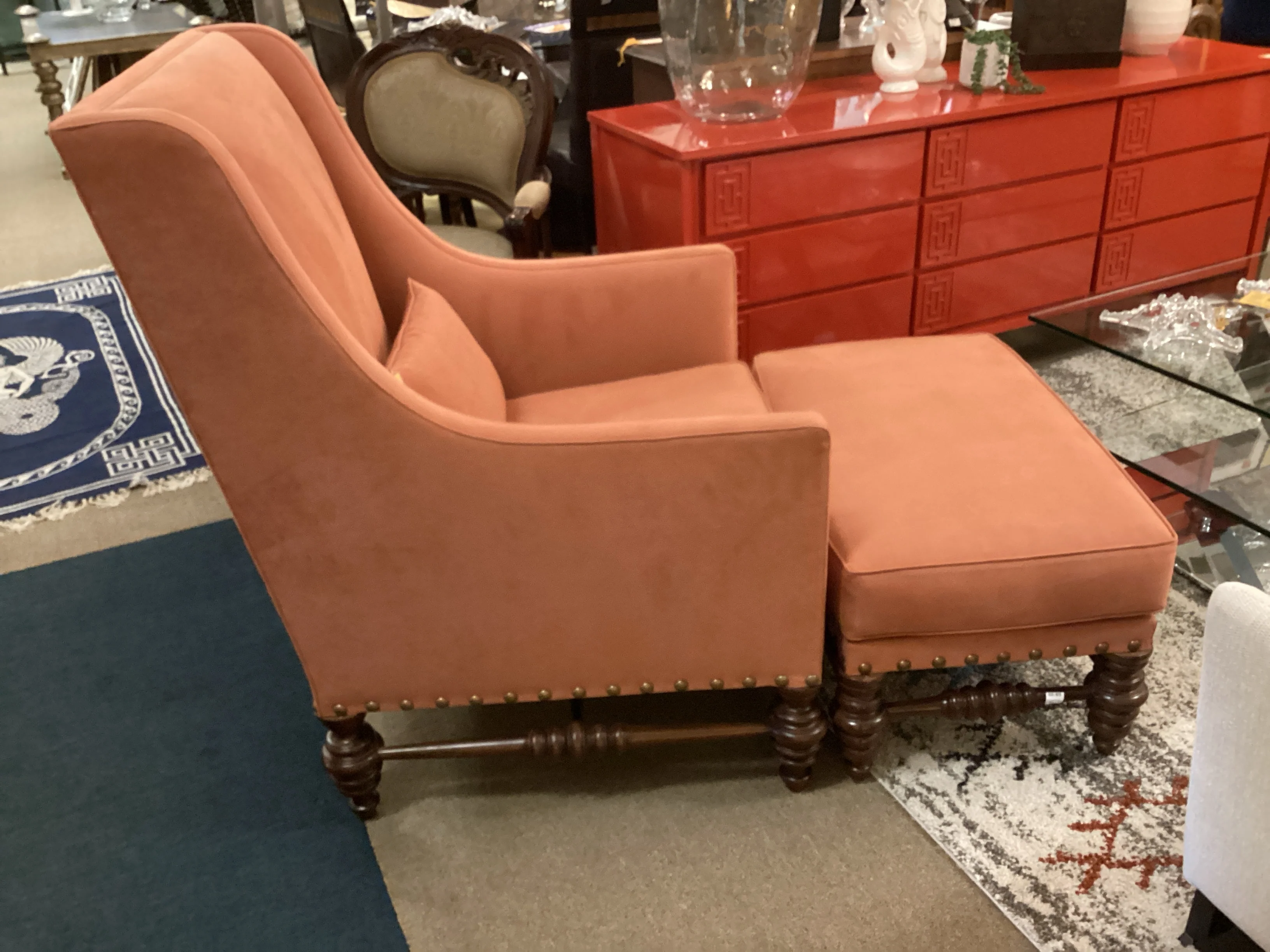 Orange Wood Frame Chair and Ottoman - Image 2