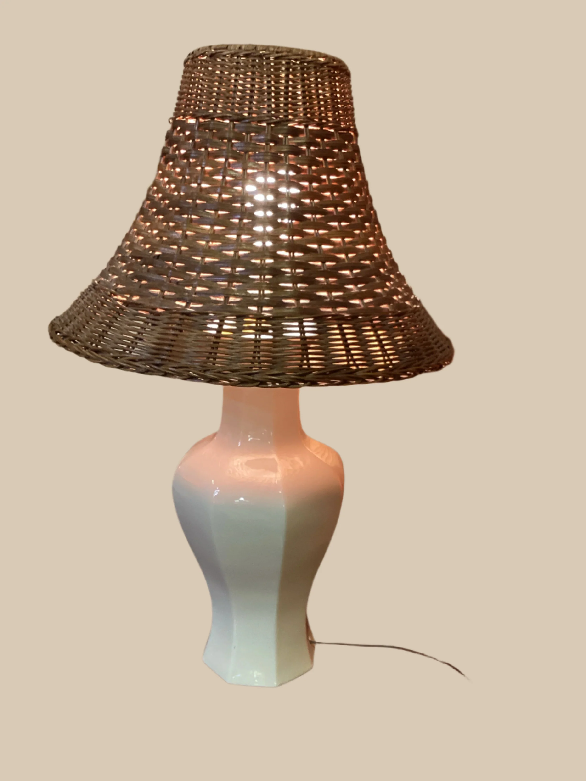 Pair Cream Lamps with Wicker Shades