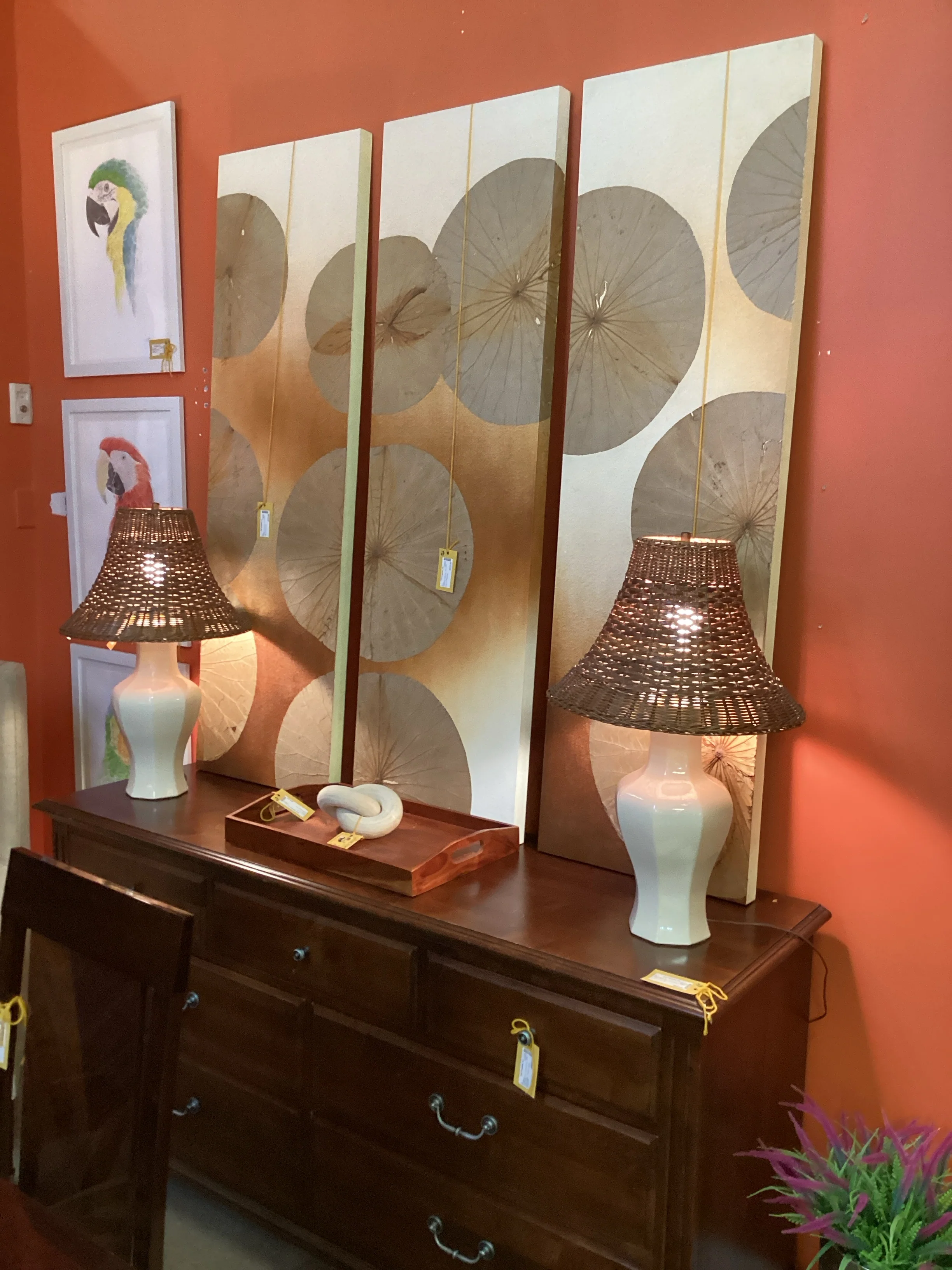 Pair Cream Lamps with Wicker Shades - Image 2