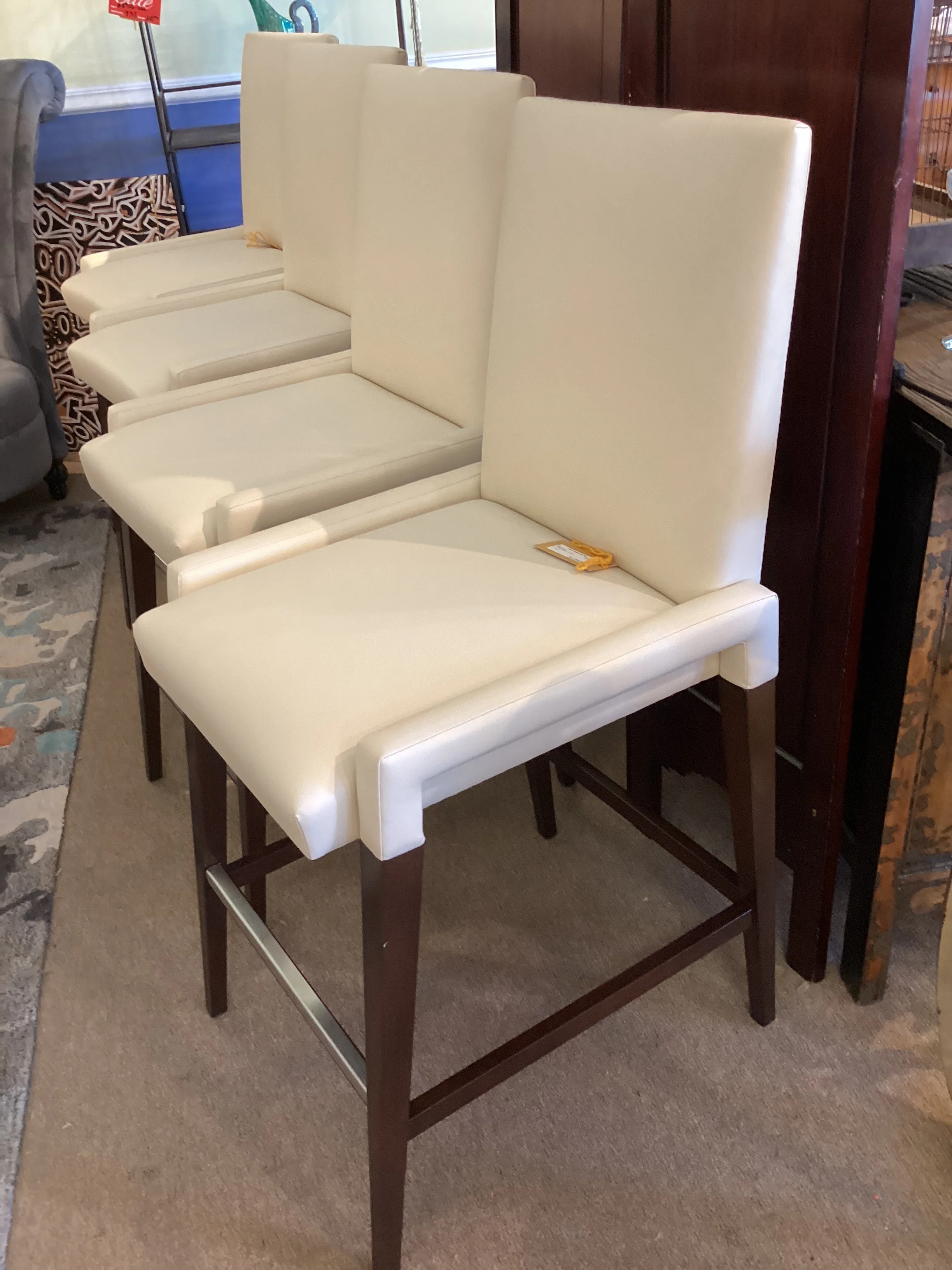 Pair Cream Leather Barstools Wood Leg - Image 2