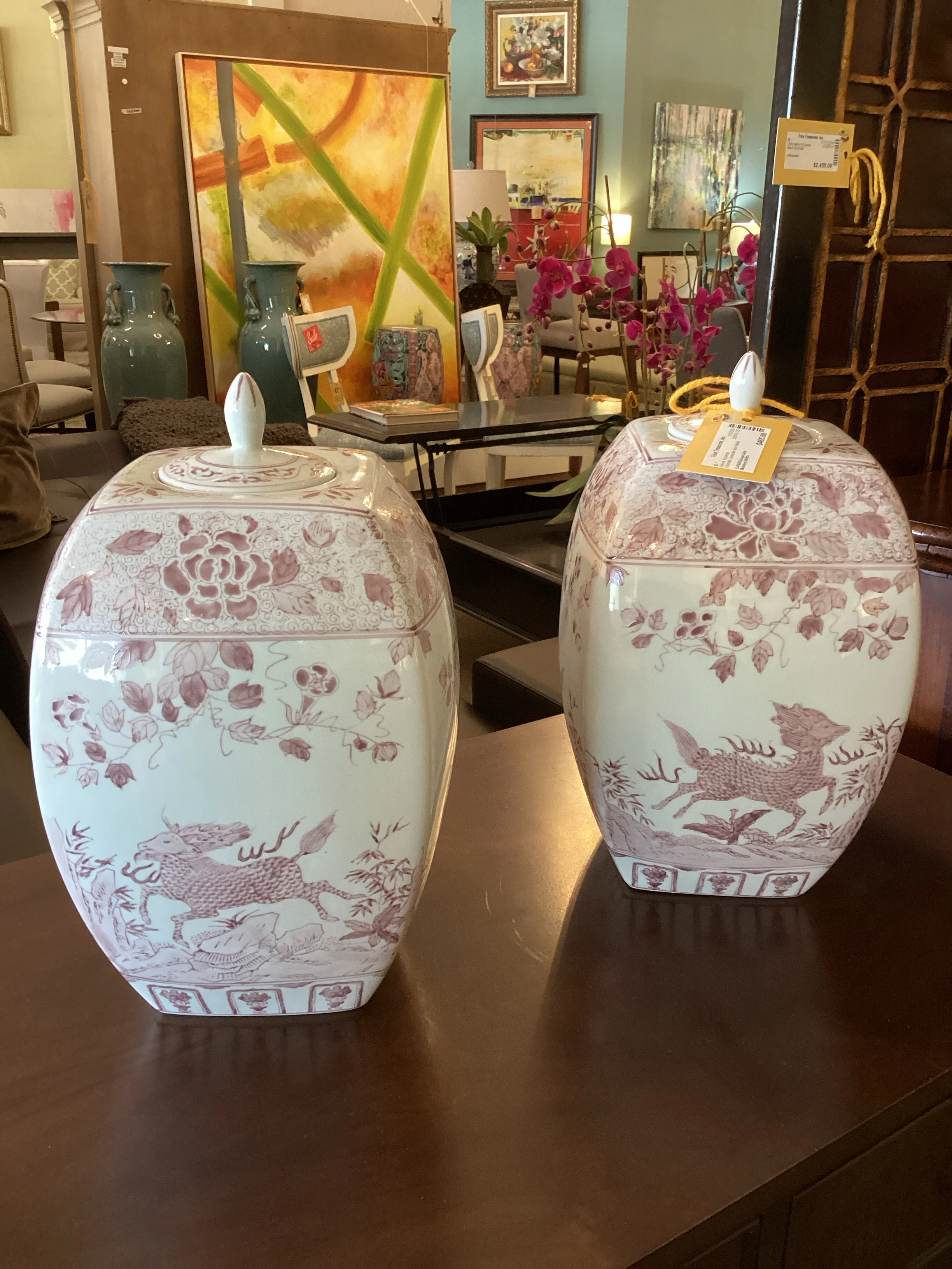 Pair Maitland Smith Lavender and White Ginger Jars