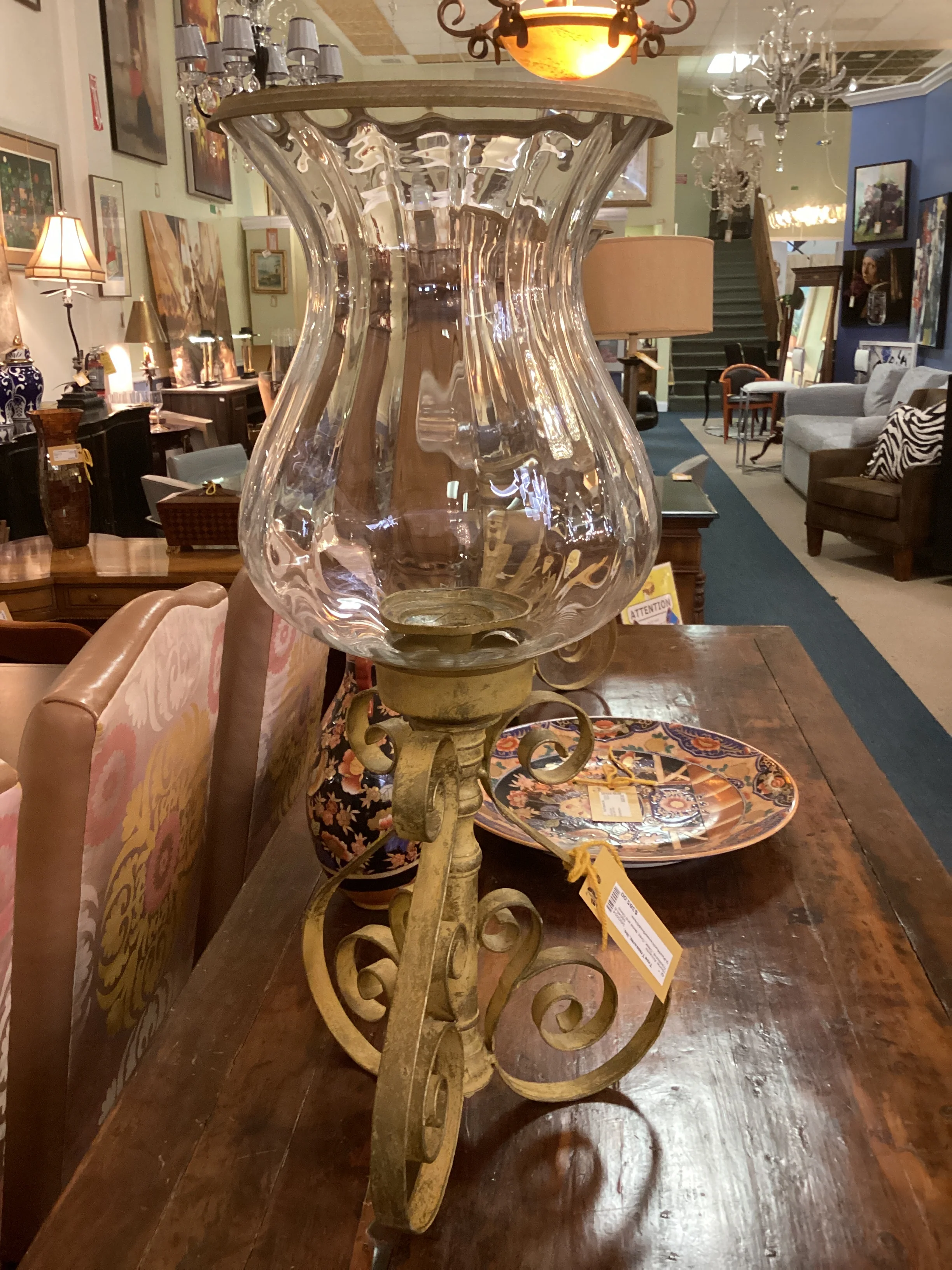 Pair of Gold Metal Scrolled Base Glass Hurricanes - Image 2