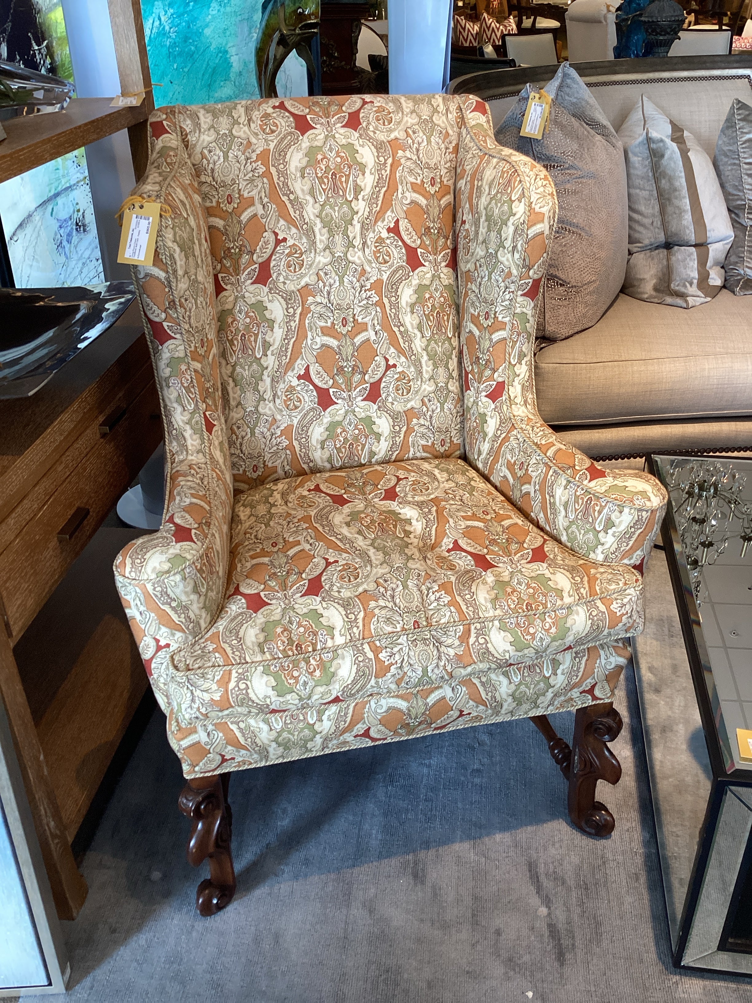 Paisley Wing Back Chair with Carved Legs