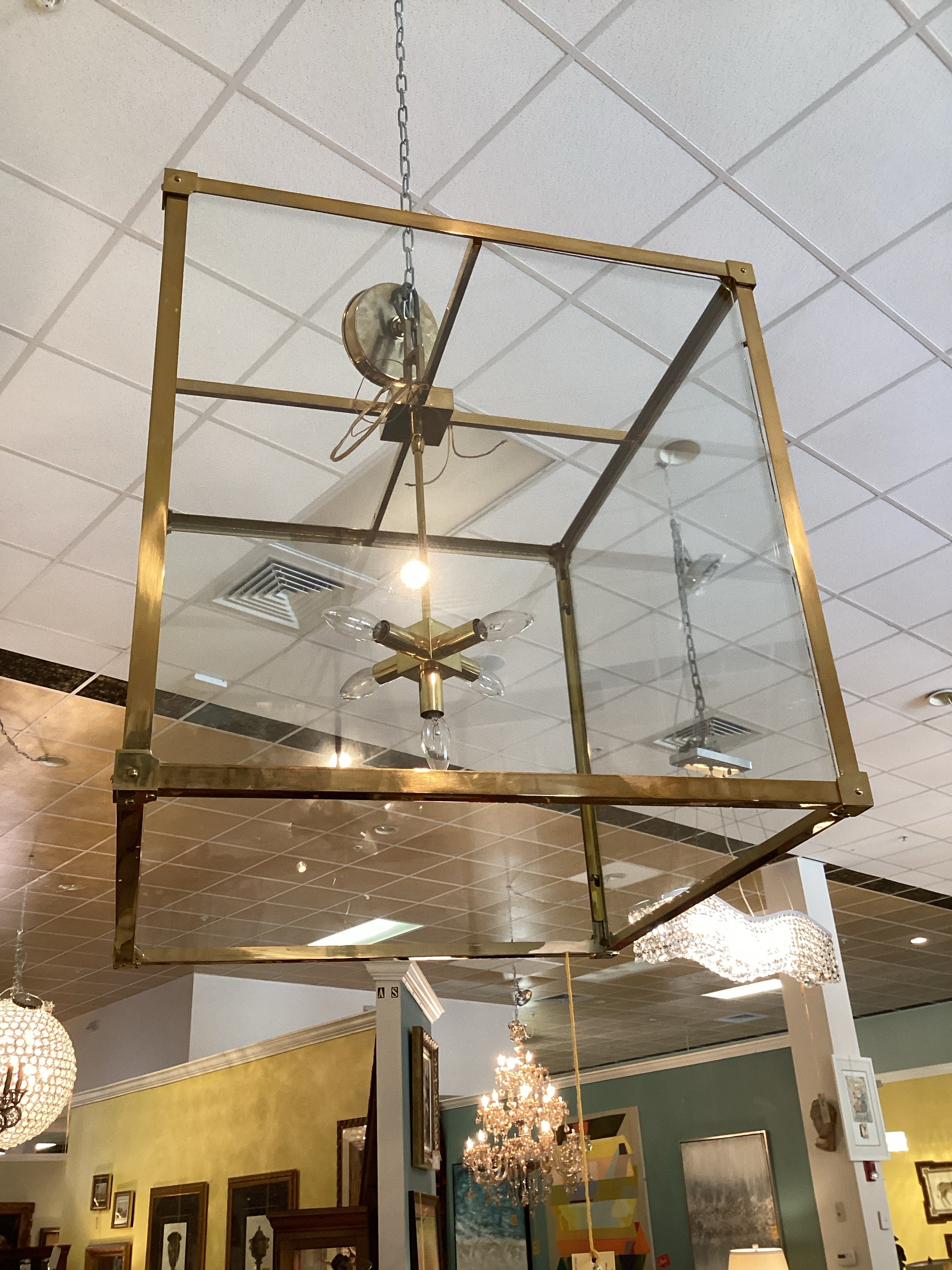 Remains Lighting "Marlowe" Polished Brass and Glass Square Lantern - Image 2