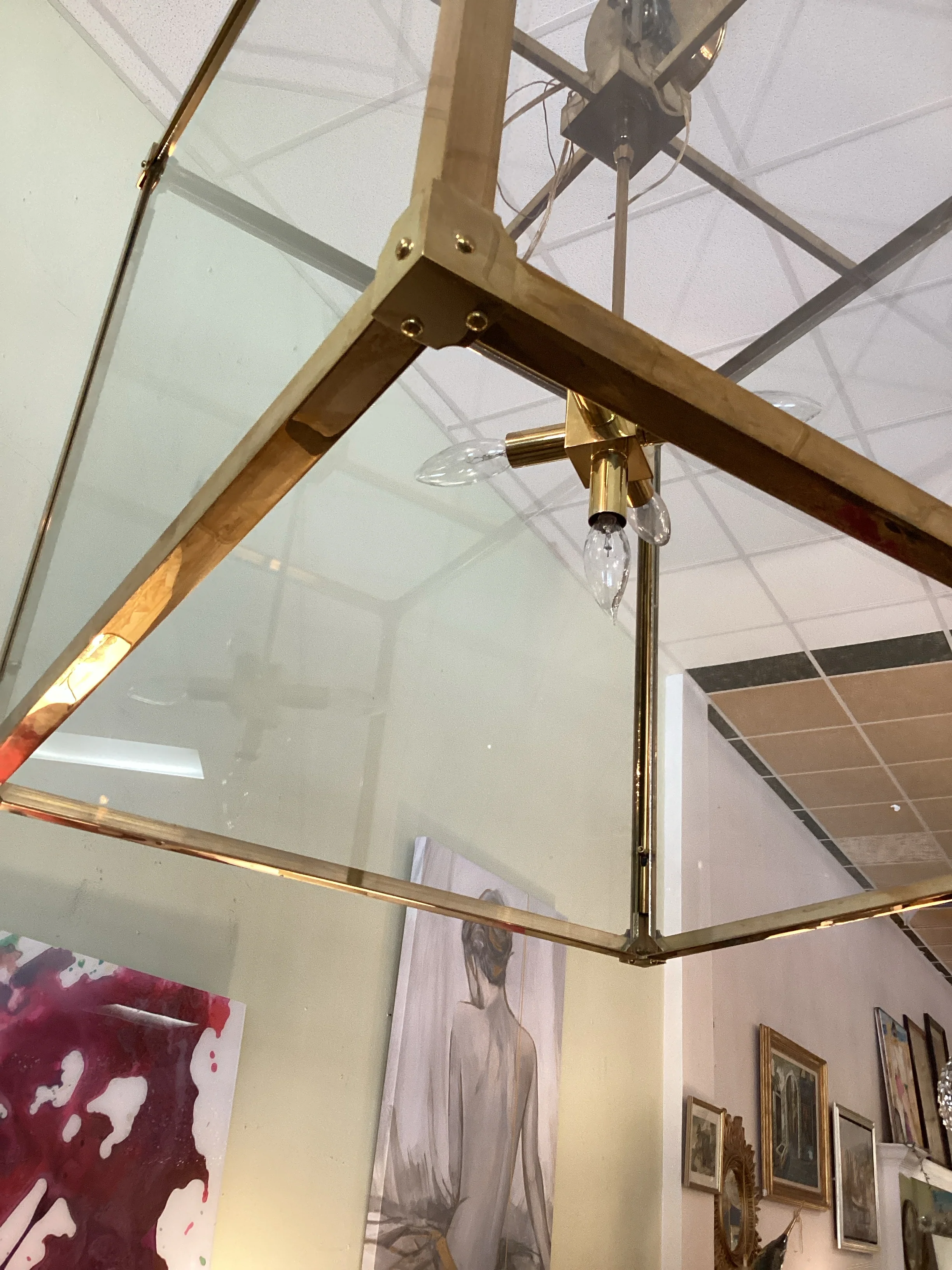 Remains Lighting "Marlowe" Polished Brass and Glass Square Lantern - Image 3
