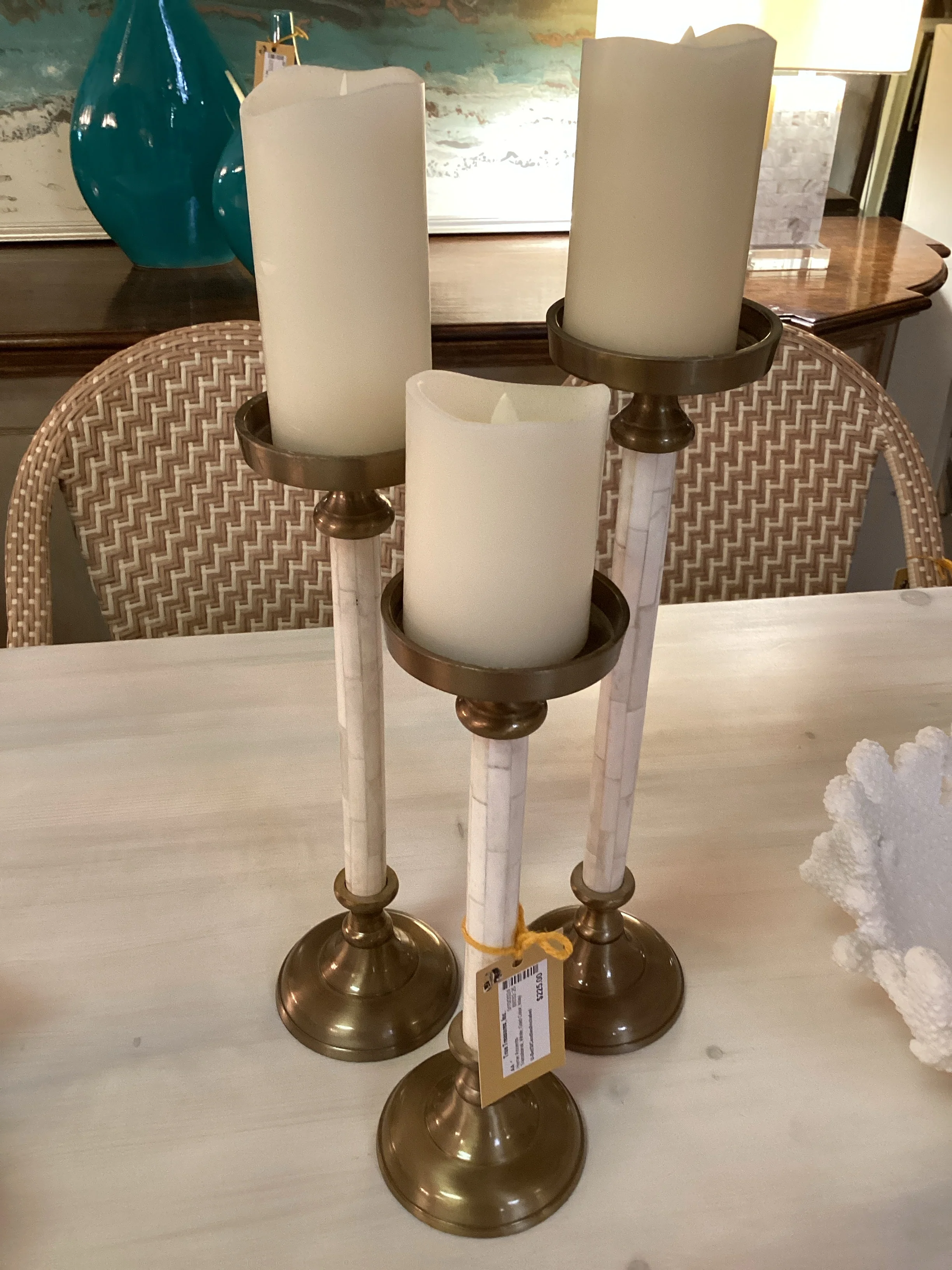 Set of 3 Pillar Candle Holders Inlay w/Candles