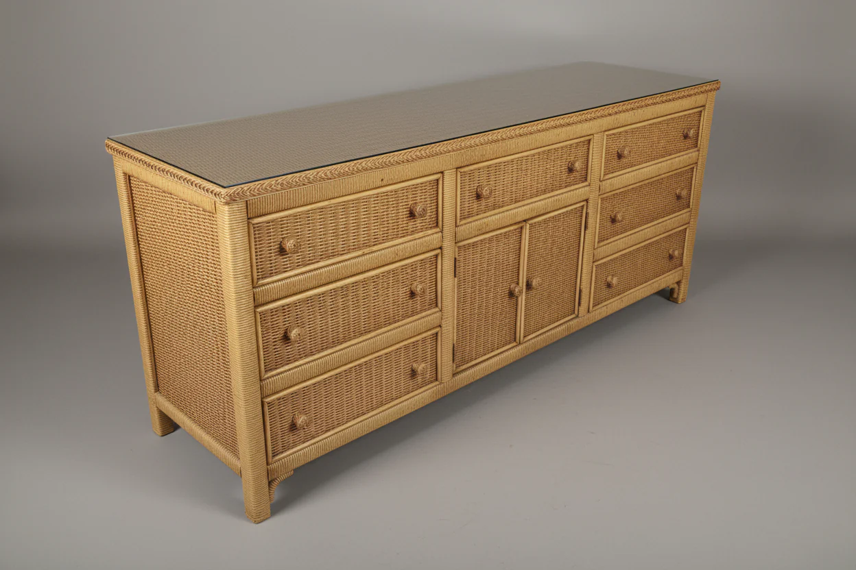 Seven Drawer Rattan Dresser With Glass Top And Mirror