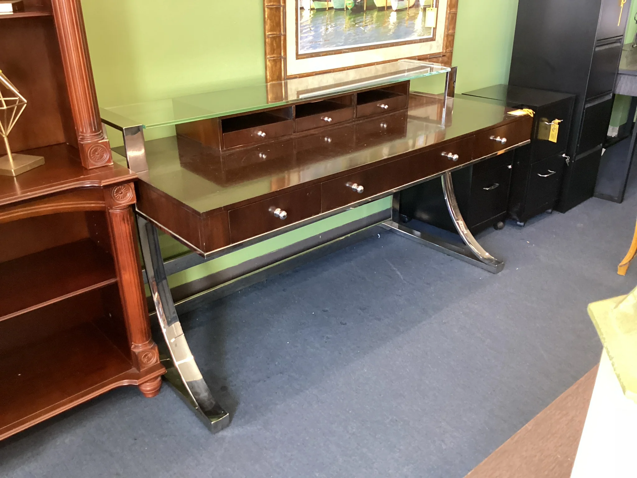 Sligh Dark Wood Desk With Chrome Legs - Image 2