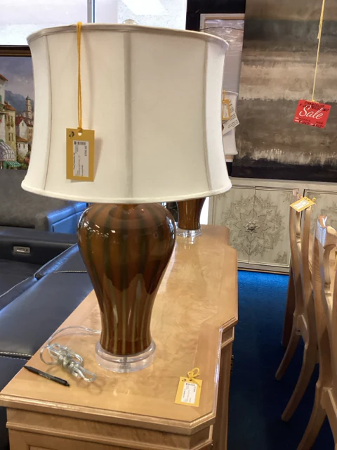 Striped Lamps On Lucite Base - Pair - Image 2