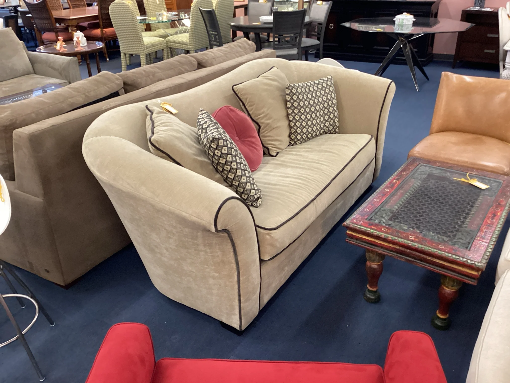 Taupe Living Room Sofa With Brown Piping - Image 2