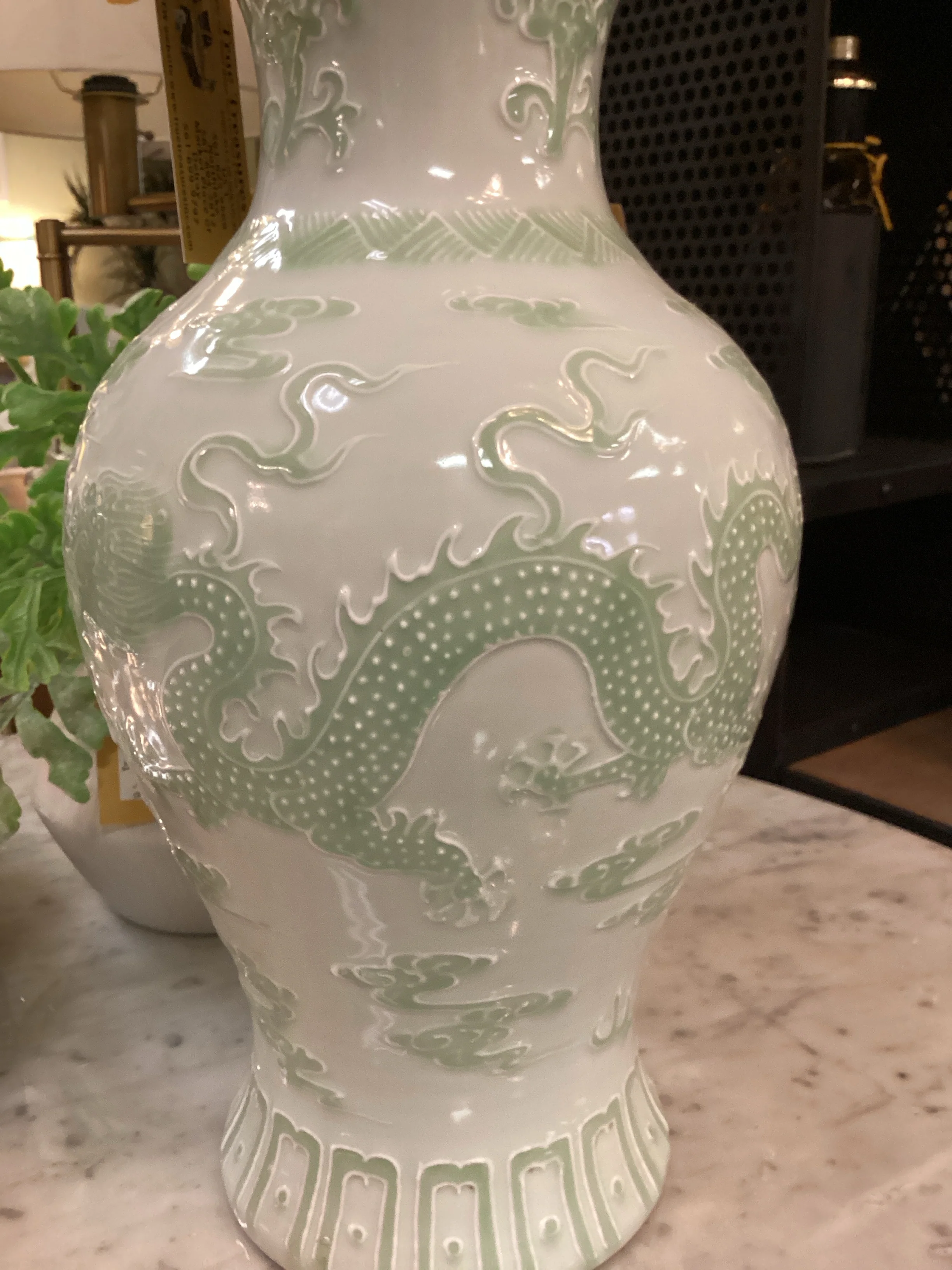 White & Light Green Dragon Print Vase - Image 2
